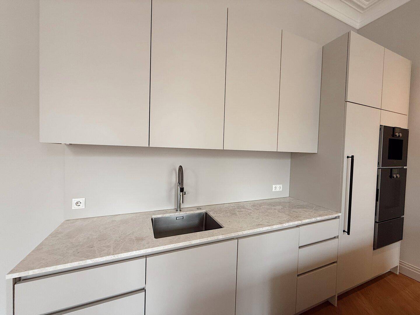 Moderne Küchenzeile mit Spüle, Oberschränken und integriertem Kühlschrank und Backofen.