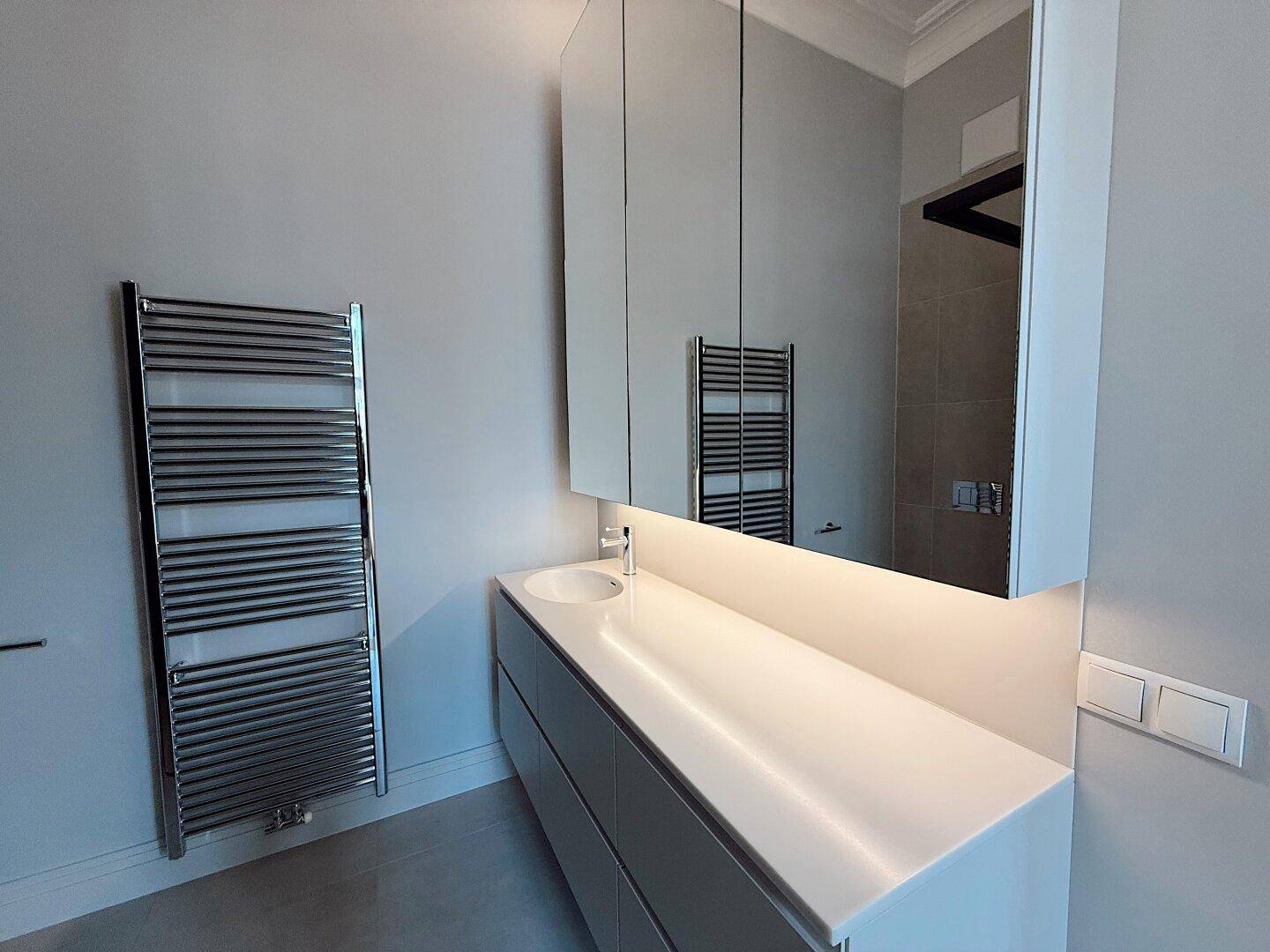 Modernes Badezimmer mit Waschtisch, Spiegelschrank und beheiztem Handtuchhalter.