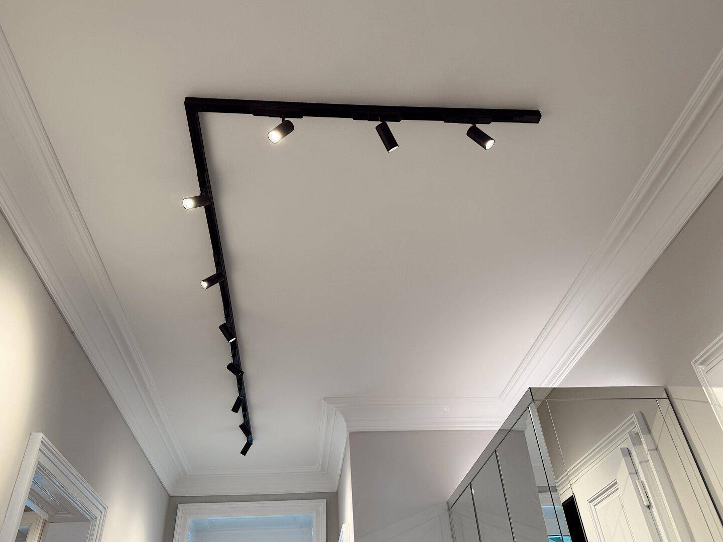 Decke mit eleganter Stuckverzierung und moderner schwarzer Schienenbeleuchtung.