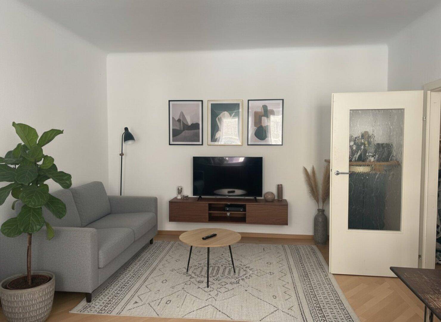 Gemütliches Wohnzimmer mit grauem Sofa, Fernseher und moderner Dekoration an der Wand.