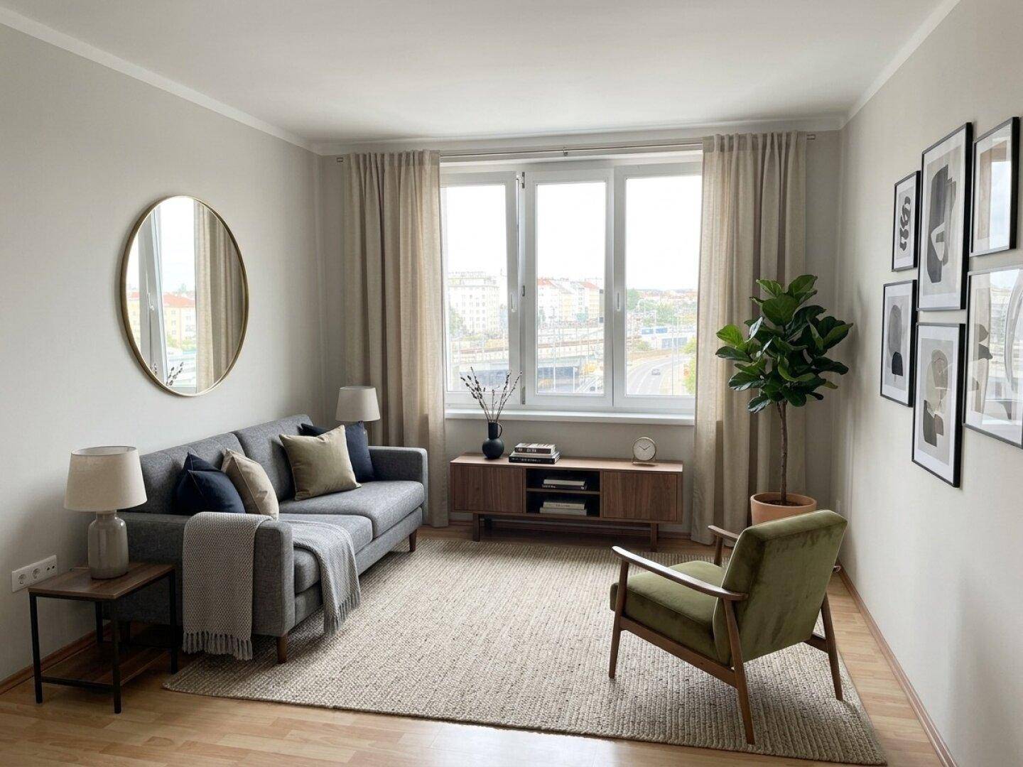 Gemütliches Wohnzimmer mit grauem Sofa, grünem Sessel und Blick auf die Stadt.