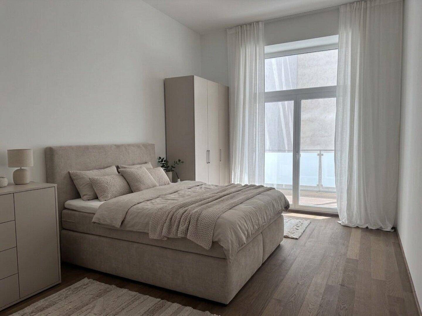 Helles Schlafzimmer mit großem Bett, Kleiderschrank und Zugang zu einem Balkon oder einer Terrasse.