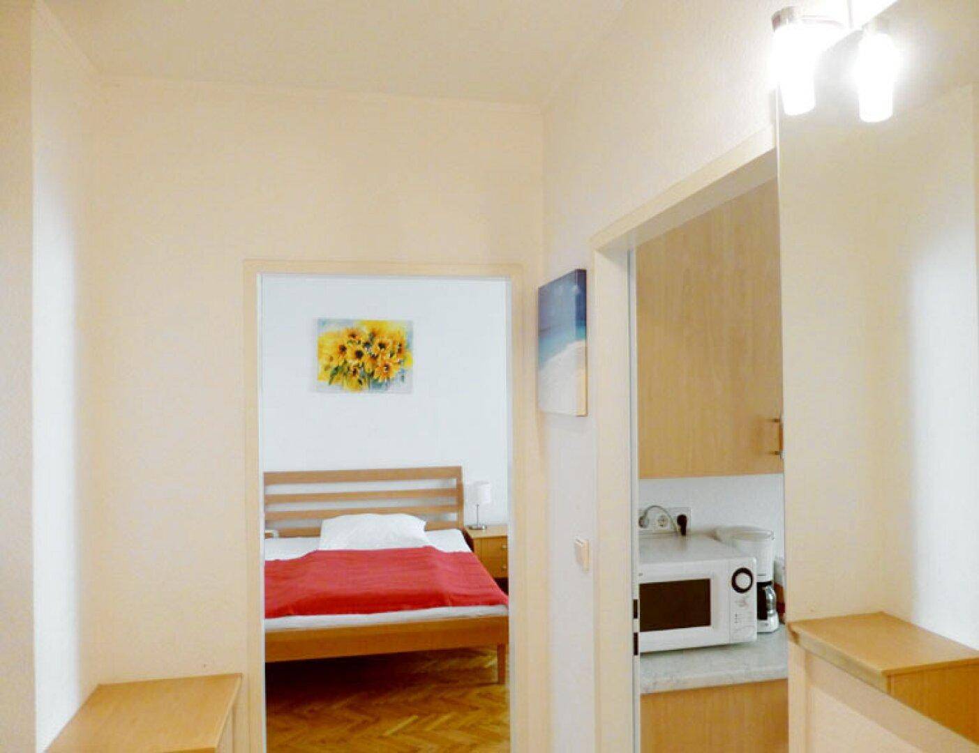 Flur mit Blick in den Wohn-/Schlafbereich und eine kleine Küchenzeile mit Mikrowelle.