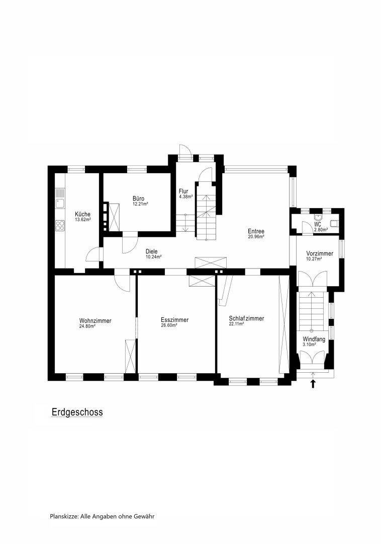 Grundriss des Erdgeschosses mit Wohnzimmer, Esszimmer, Schlafzimmer und Büro.