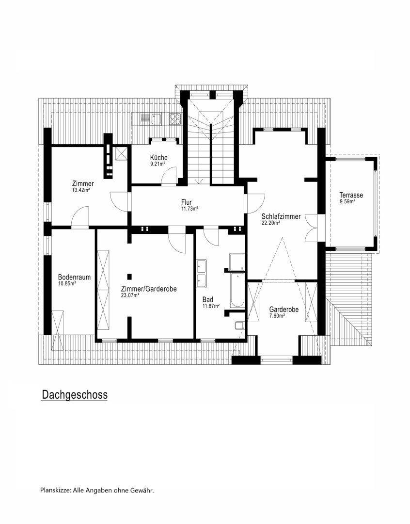 Grundriss des Dachgeschosses mit Schlafzimmern, Bad und Terrasse.