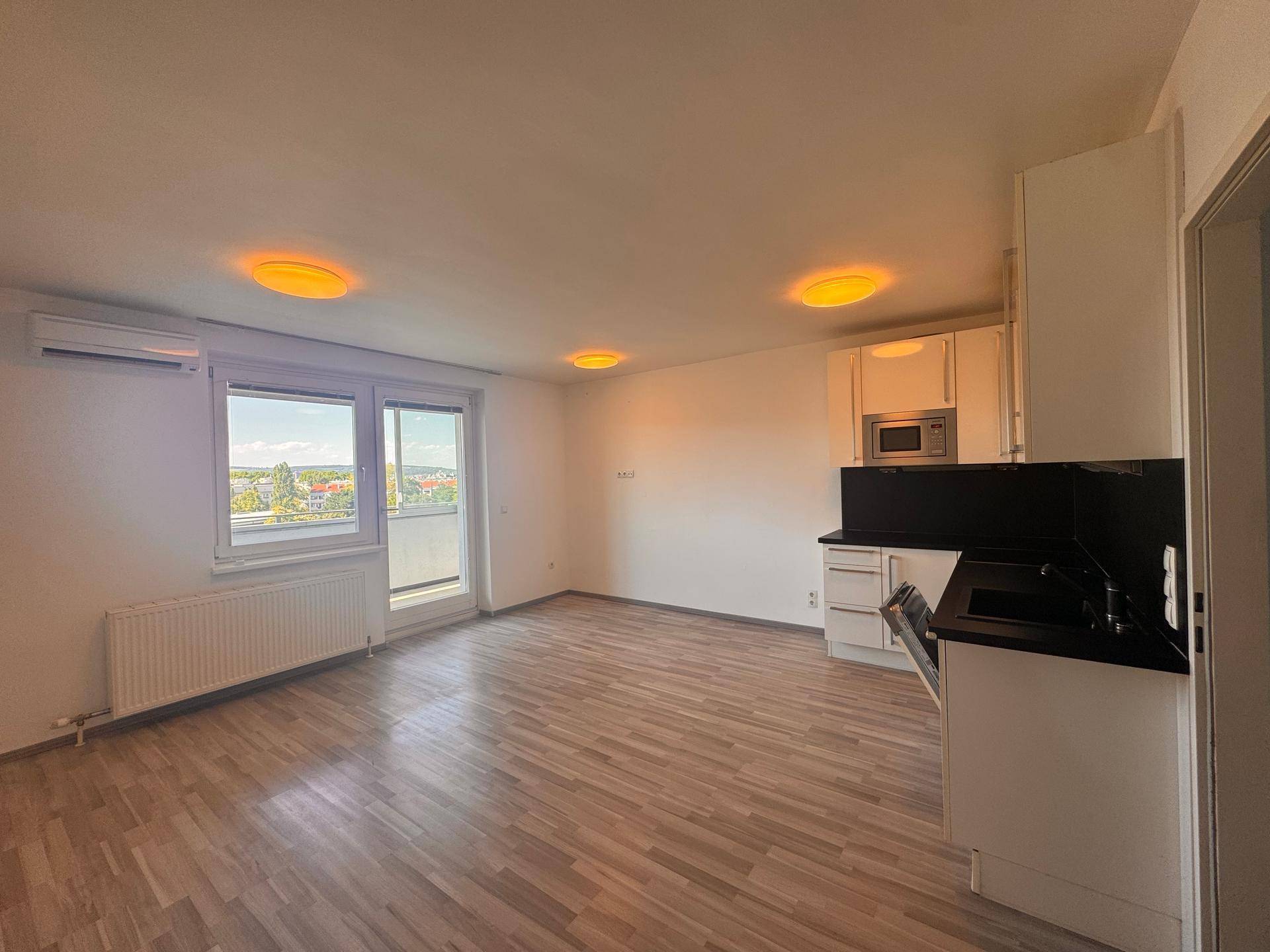 Offener Wohnbereich mit integrierter Küchenzeile, Laminatboden und Zugang zu einem Balkon.