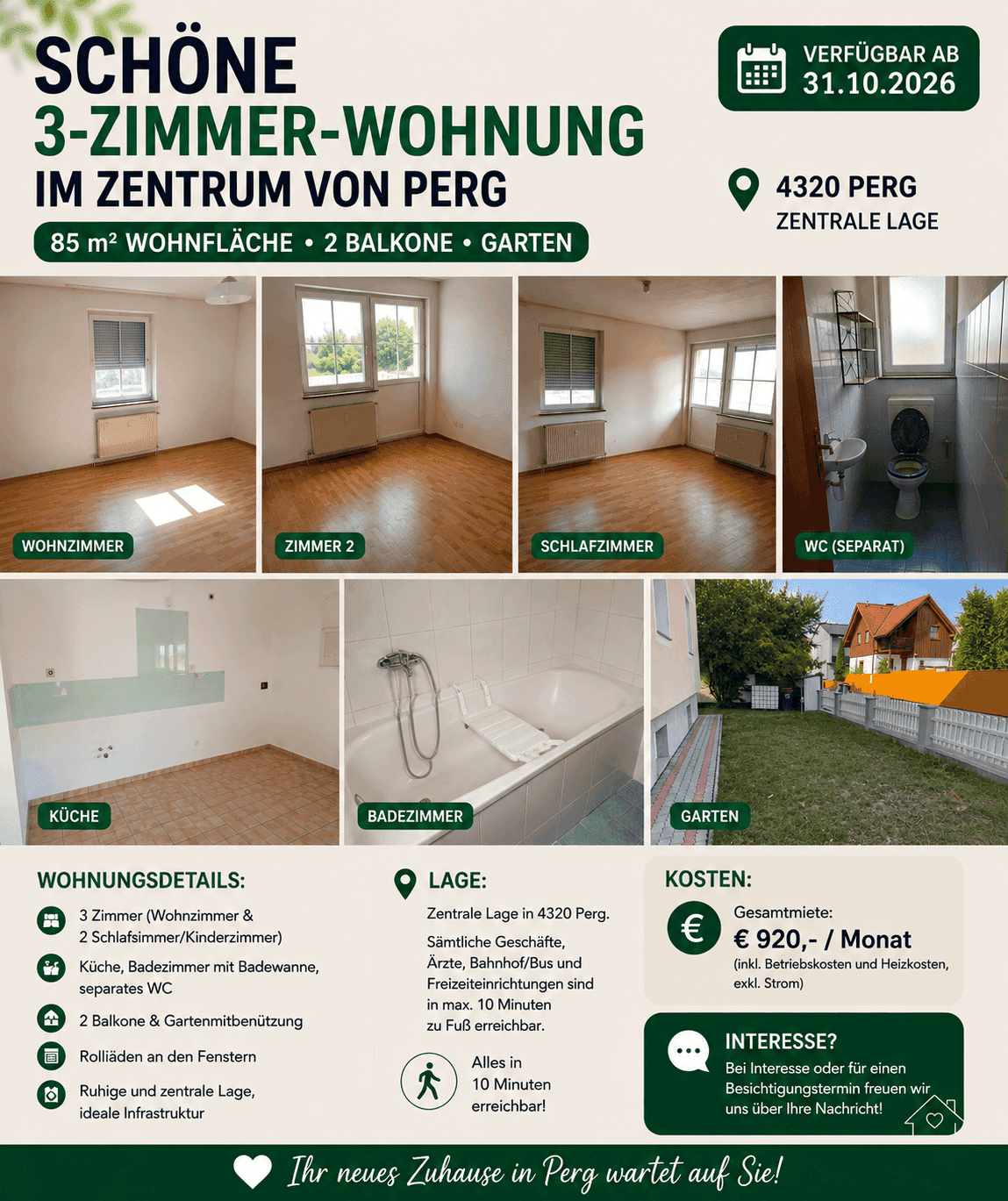 Collage zeigt verschiedene Innenräume wie Wohnzimmer, Schlafzimmer, Küche, Bad und separates WC, ergänzt durch einen Blick in den Garten.