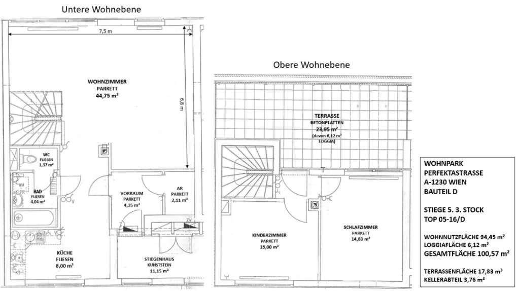 Detaillierter Grundriss der unteren und oberen Wohnebene mit Raumaufteilung.