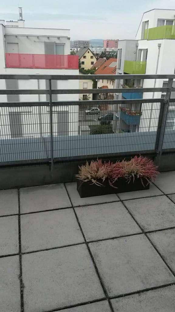 Ausblick von der Terrasse auf die Nachbarschaft mit weiteren Wohngebäuden.