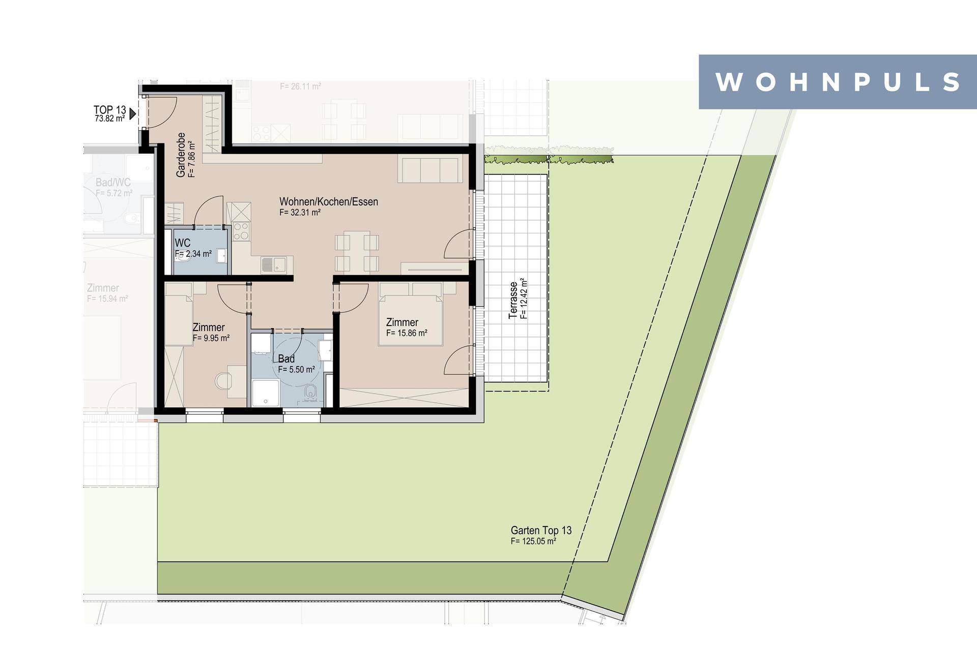 Grundriss einer Erdgeschosswohnung mit offenem Wohnbereich, zwei Zimmern und privatem Garten.