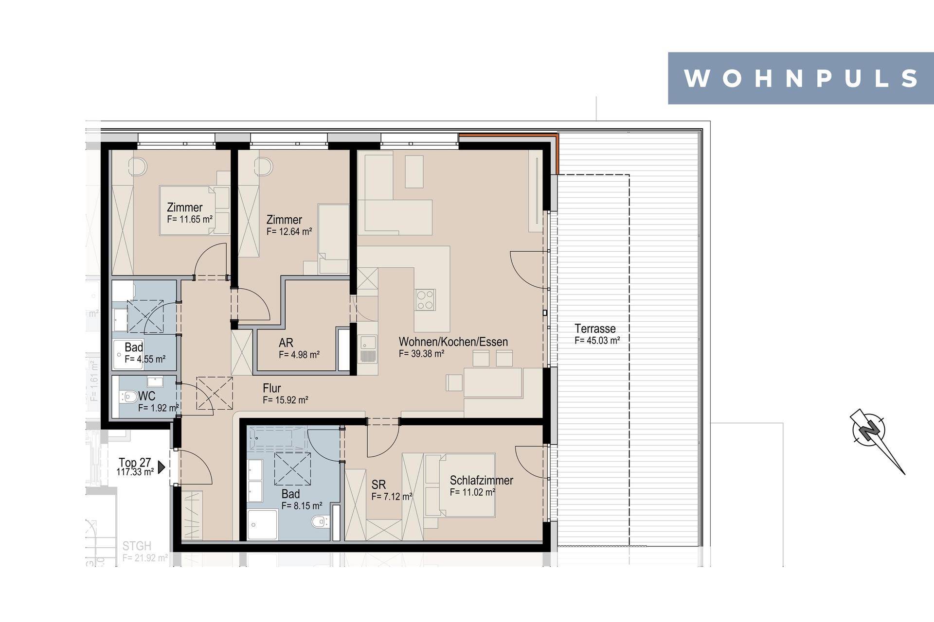 Detaillierter Grundriss einer Wohnung mit drei Zimmern, zwei Bädern und einer großzügigen Terrasse.