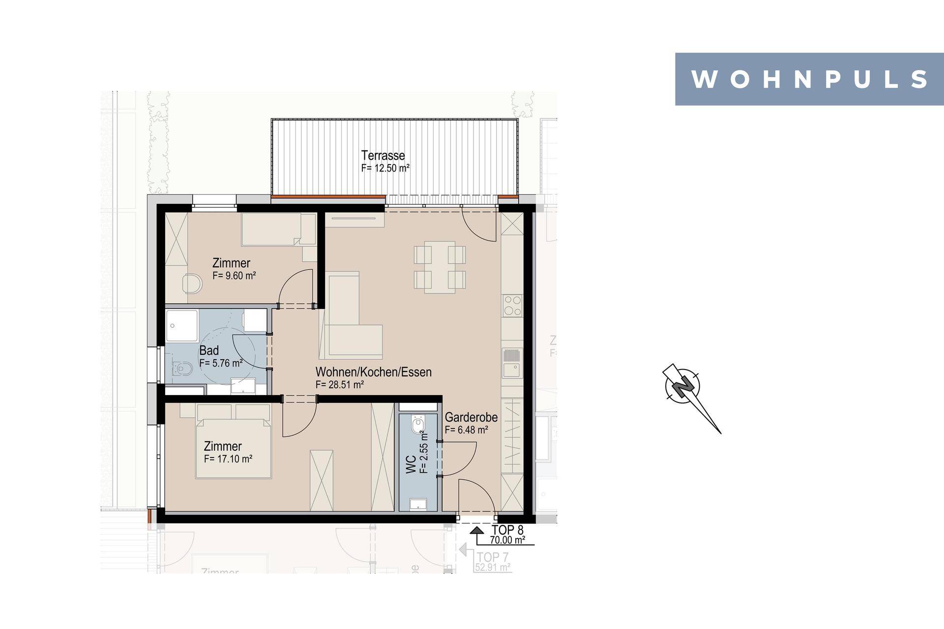 Dieser Grundriss zeigt eine Wohnung mit offenem Wohn-/Koch-/Essbereich, zwei Zimmern, einem Badezimmer, separatem WC und einer Terrasse.