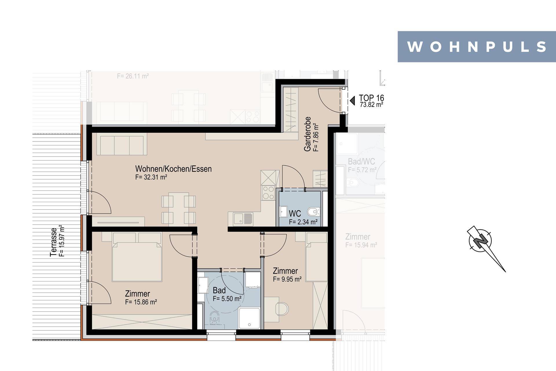 Grundriss einer Wohnung mit offenem Wohn-/Koch-/Essbereich, zwei Zimmern, Bad und Terrasse.