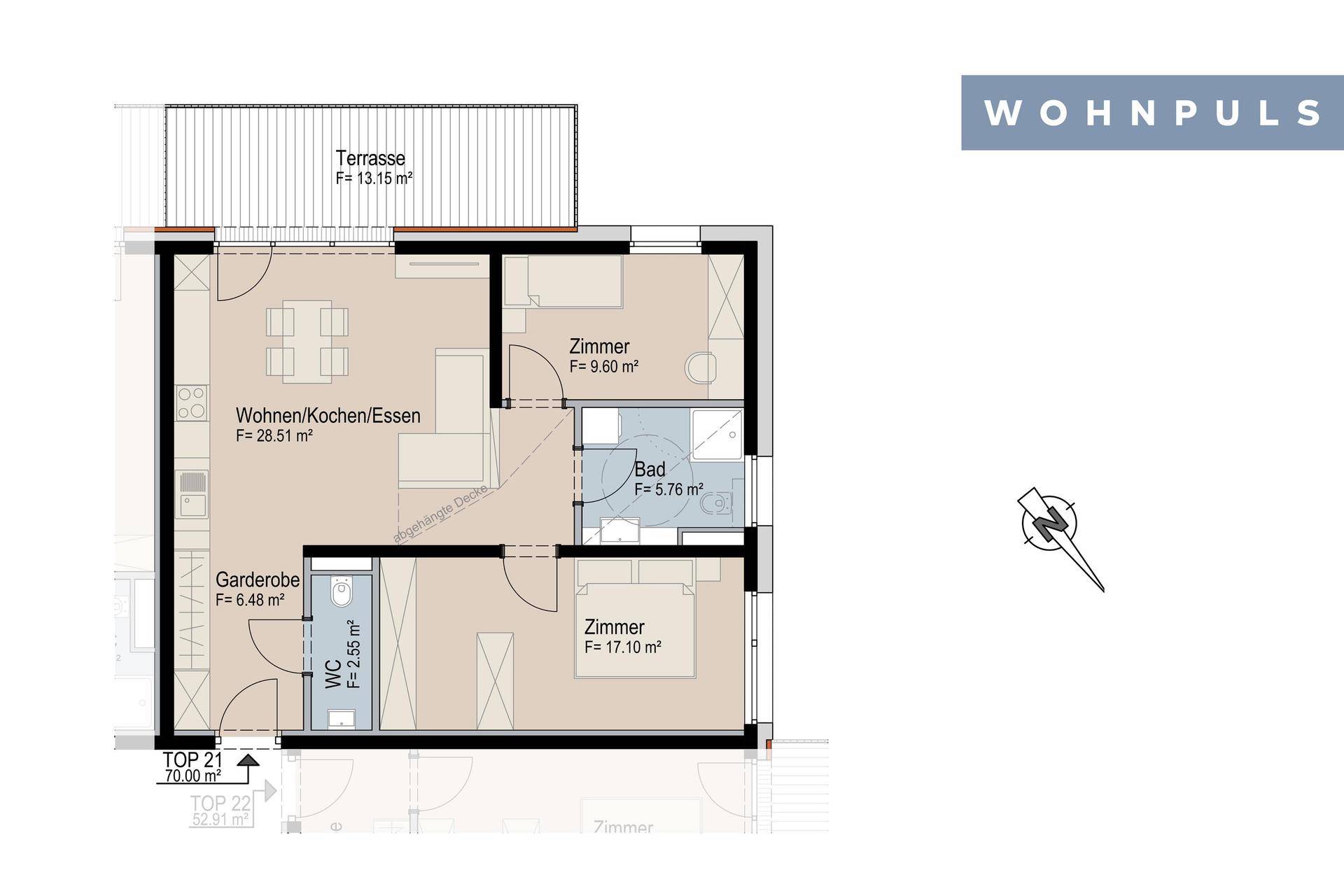 Detaillierter Grundriss einer Wohnung mit Terrasse, offenem Wohnbereich und zwei Schlafzimmern.