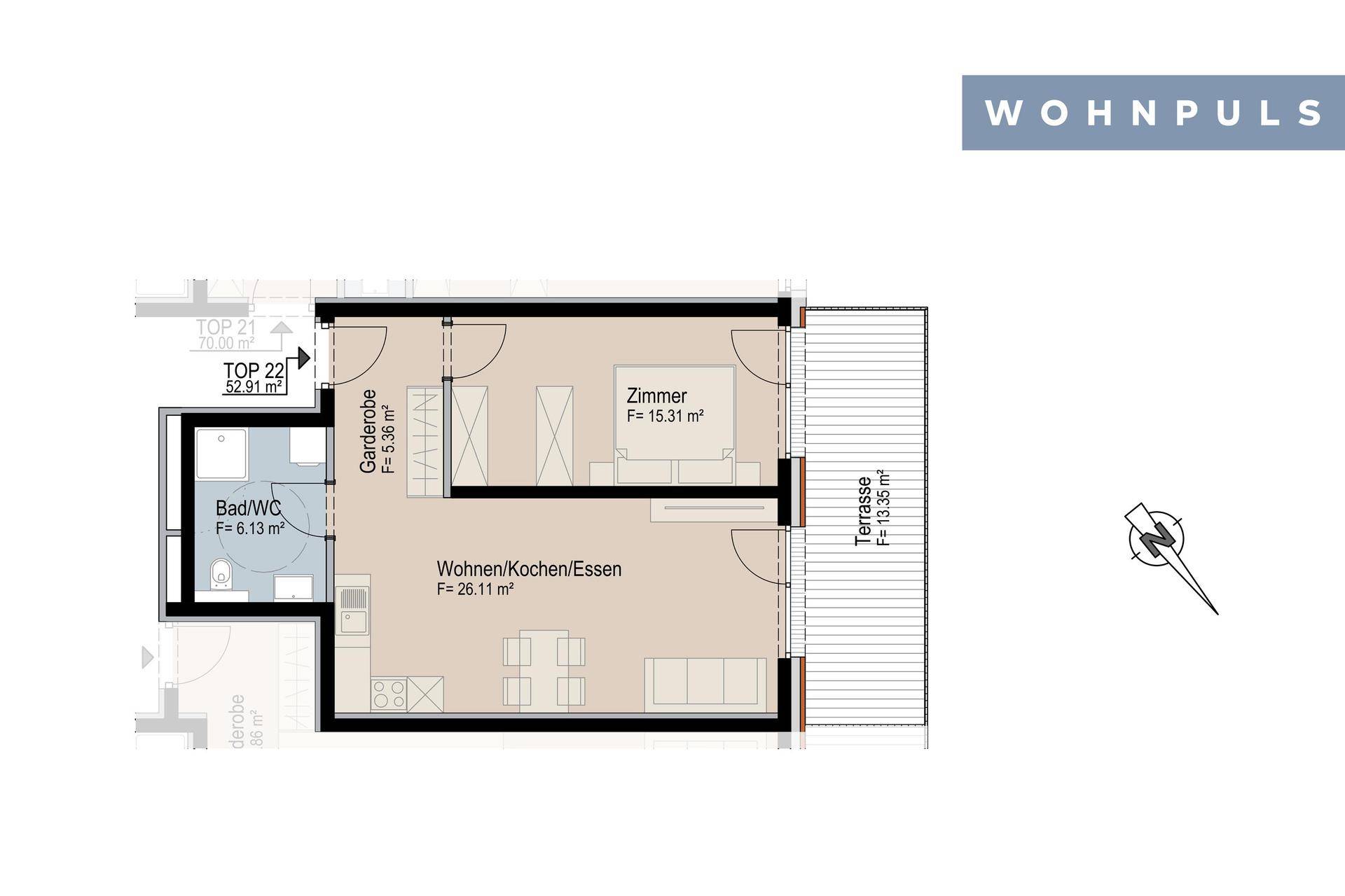 Grundriss einer Wohnung mit einem Schlafzimmer, offenem Wohnbereich und einer Terrasse.