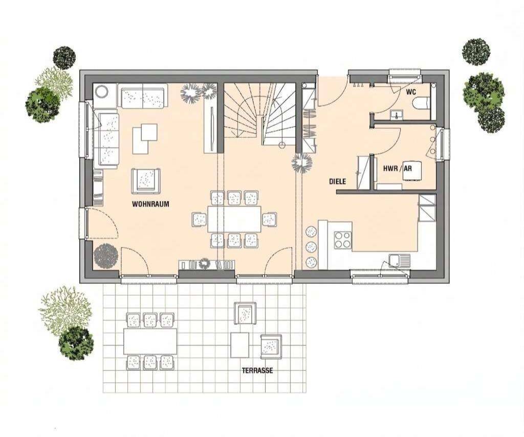 Grundriss des Erdgeschosses mit offenem Wohnbereich, Küche, WC und großer Terrasse.