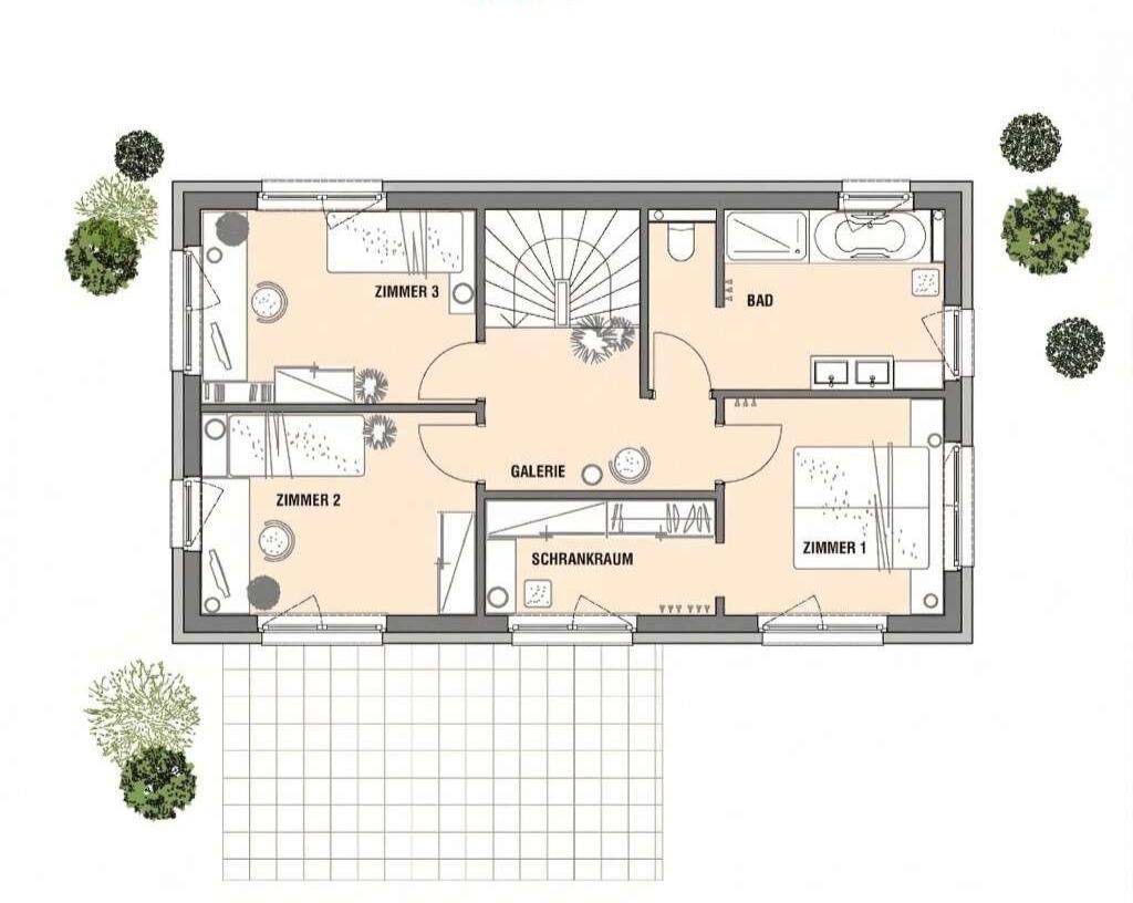 Grundriss des Obergeschosses mit drei Schlafzimmern, Bad und Galeriebereich.