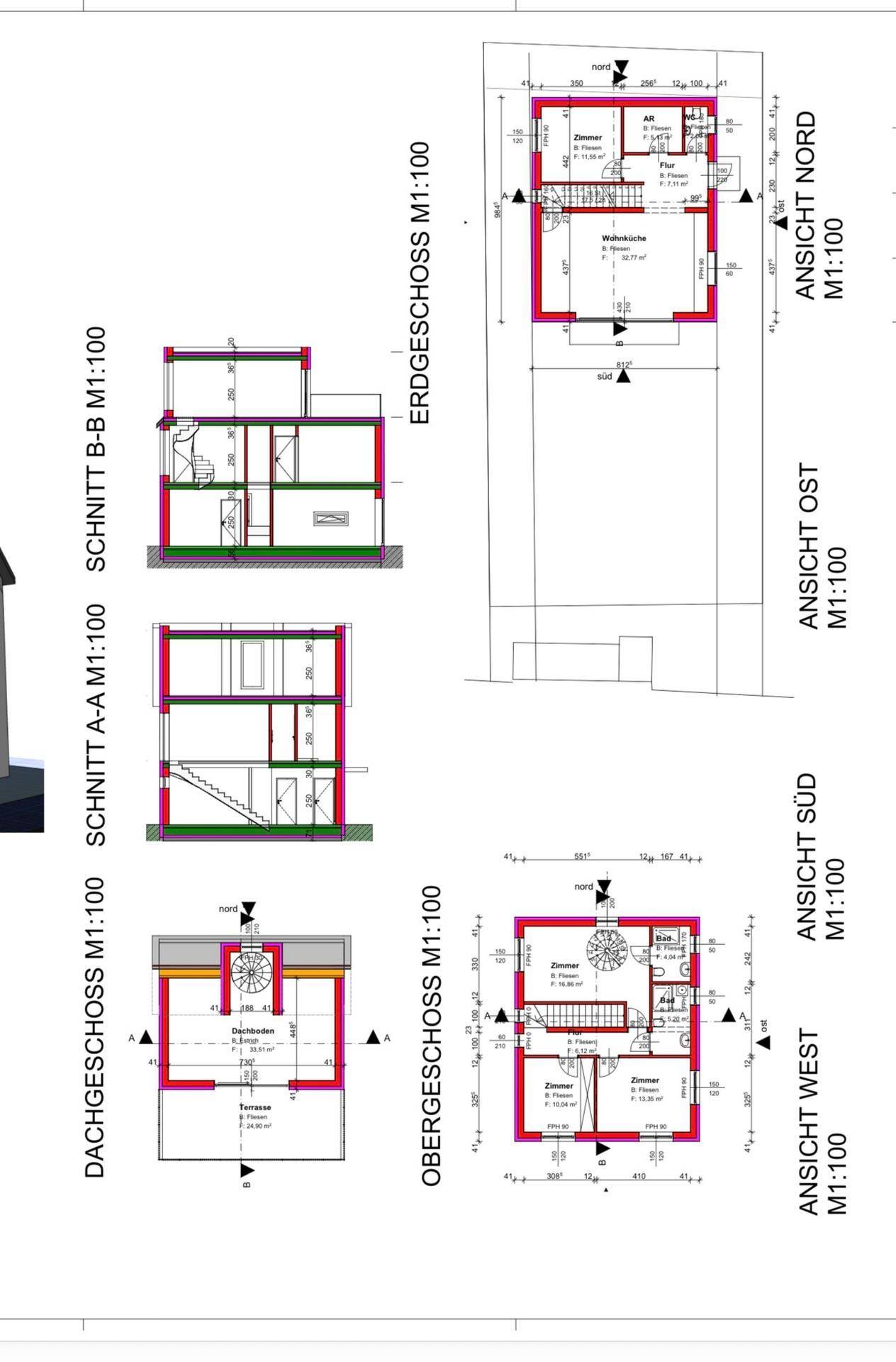 Detaillierte Grundrisse, Schnitte und Ansichten eines Hauses im Maßstab 1:100.
