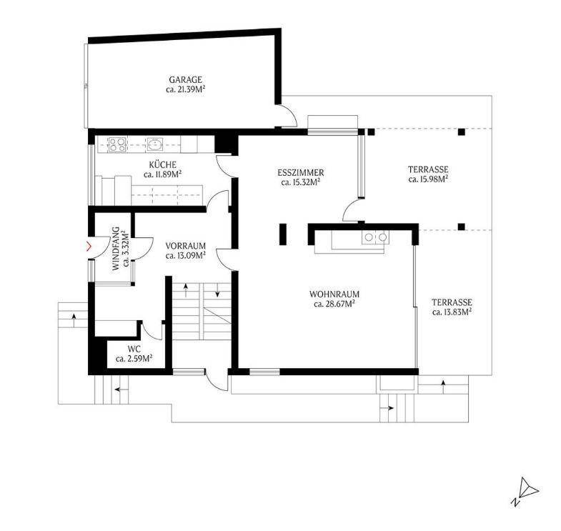 Grundriss des Erdgeschosses mit Wohnraum, Esszimmer, Küche, WC und zwei Terrassen.