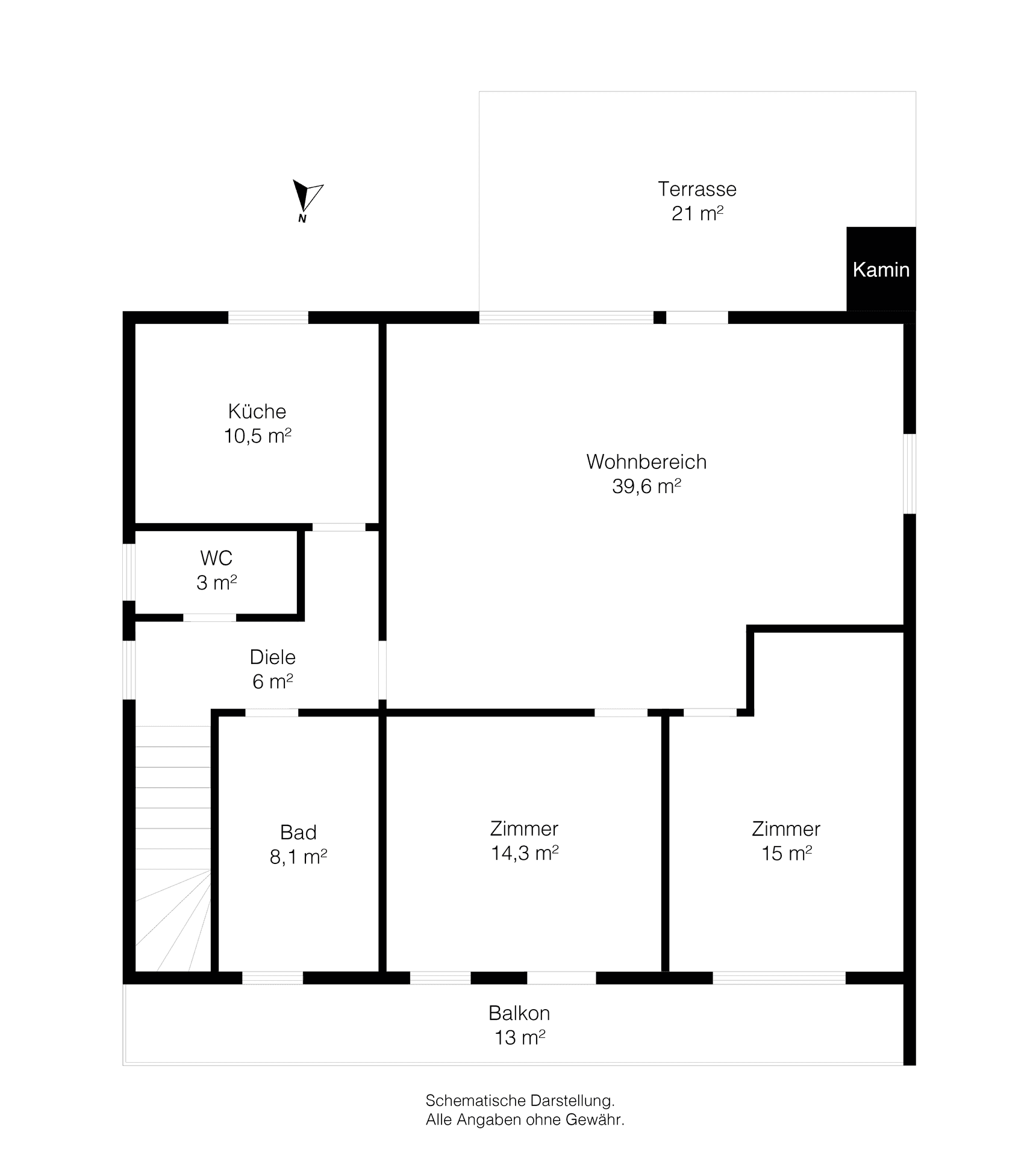 Grundriss des Obergeschosses mit Küche, Wohnbereich, Bad, WC, Zimmern, Balkon und Terrasse.