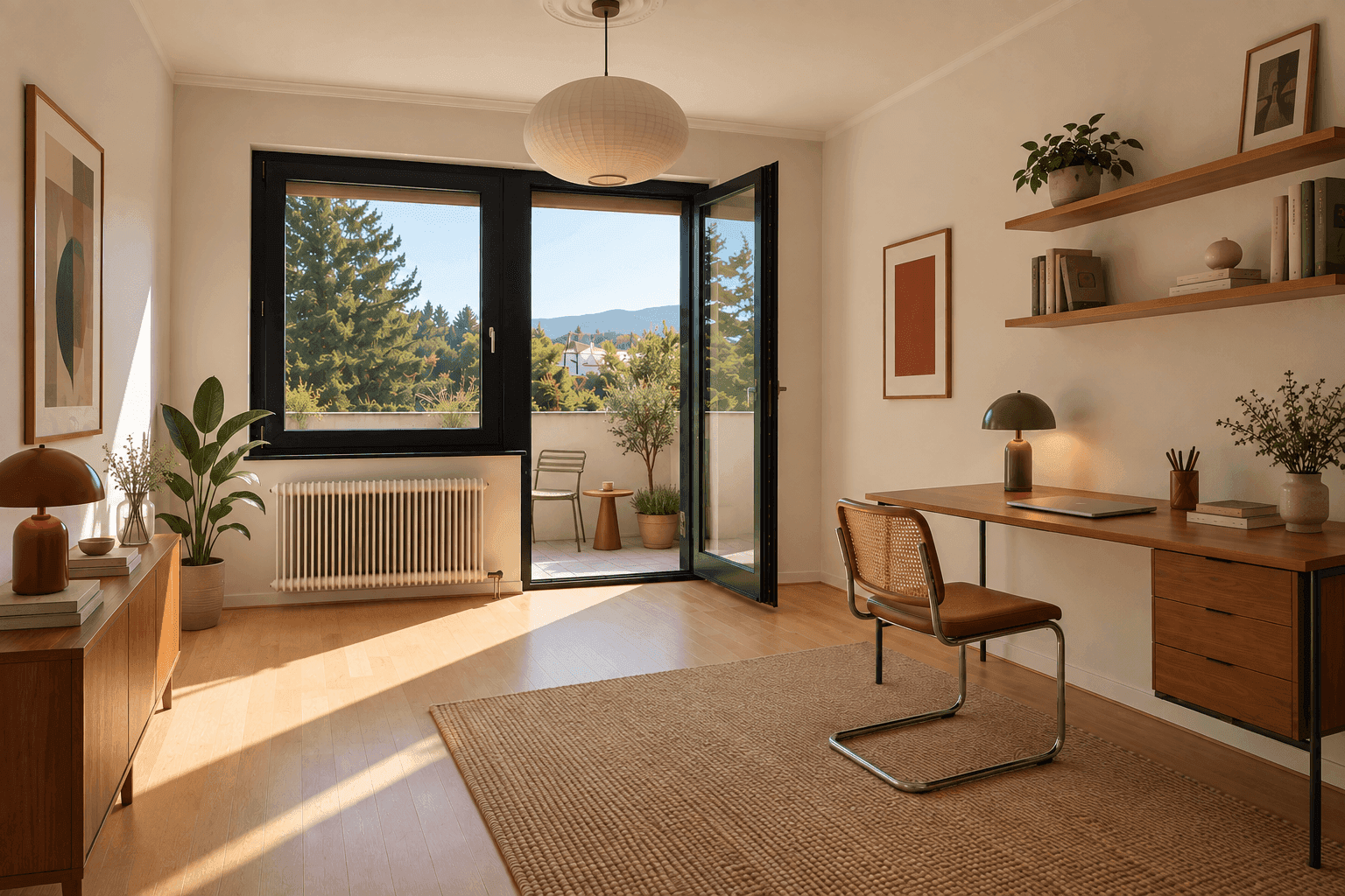 Helles Arbeitszimmer mit Holzboden, modernem Schreibtisch und Zugang zu einem kleinen Balkon.