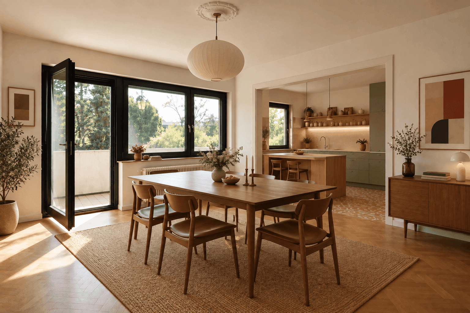 Eleganter Essbereich mit Holztisch, Stuckdecke und Zugang zu einem Balkon, mit Blick in die moderne Küche.