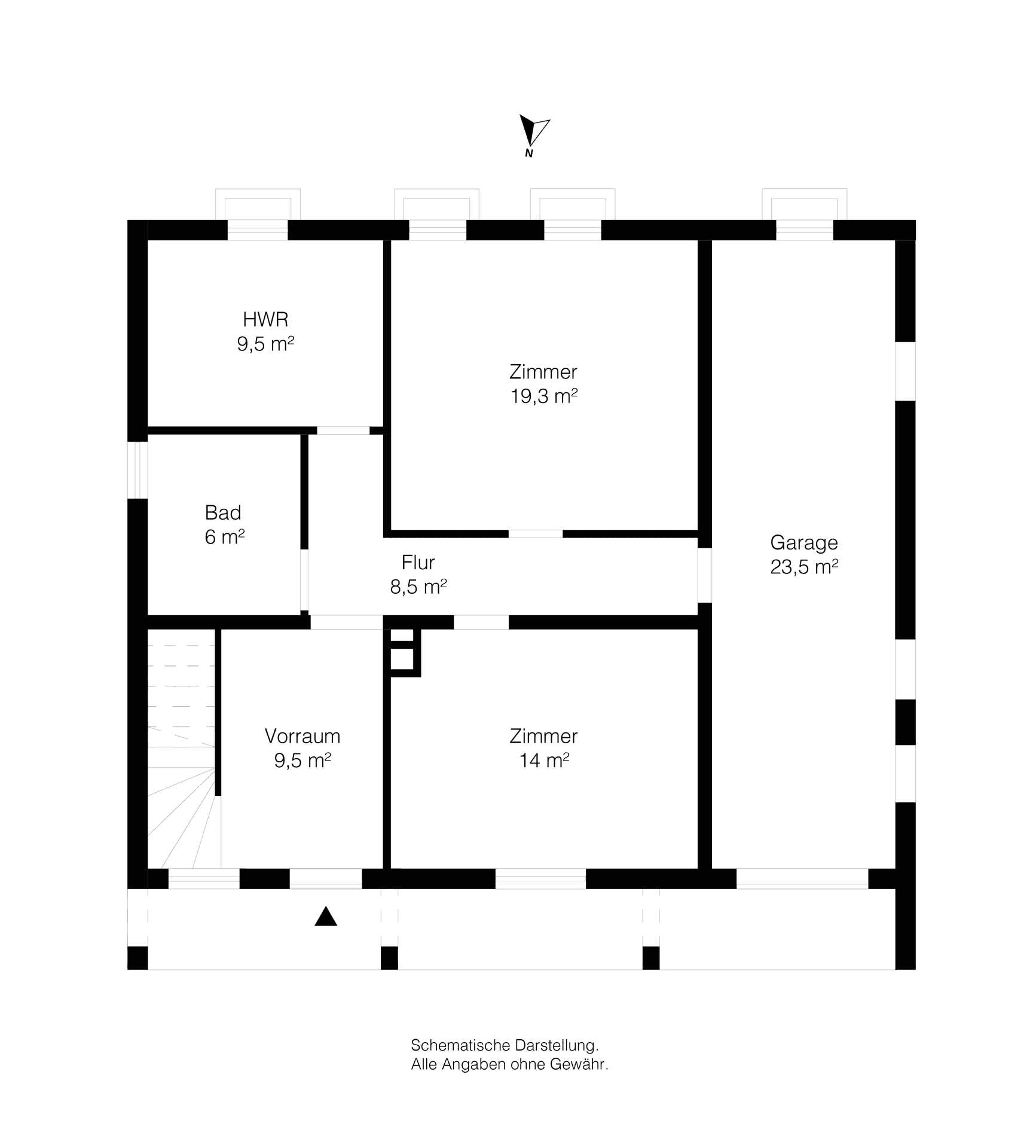 Grundriss des Erdgeschosses mit Zimmern, Bad, Hauswirtschaftsraum und Garage.