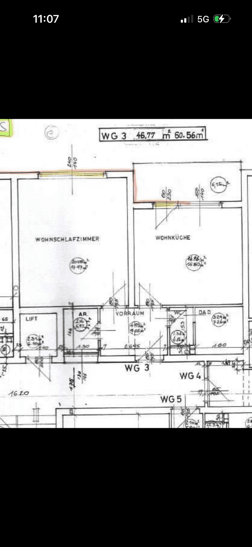 Detaillierter Grundriss einer Wohnung mit Wohnschlafzimmer, Wohnküche und separatem WC.