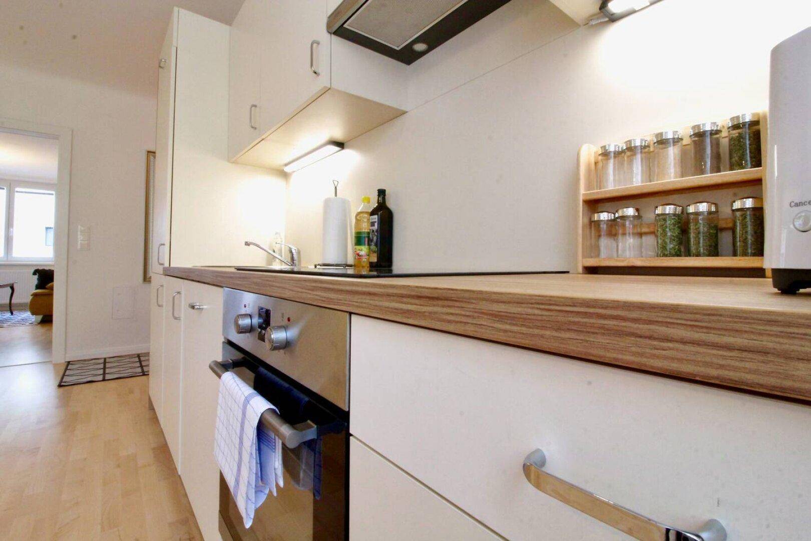Detailansicht der modernen Küche mit Backofen, Spüle und Gewürzregal.
