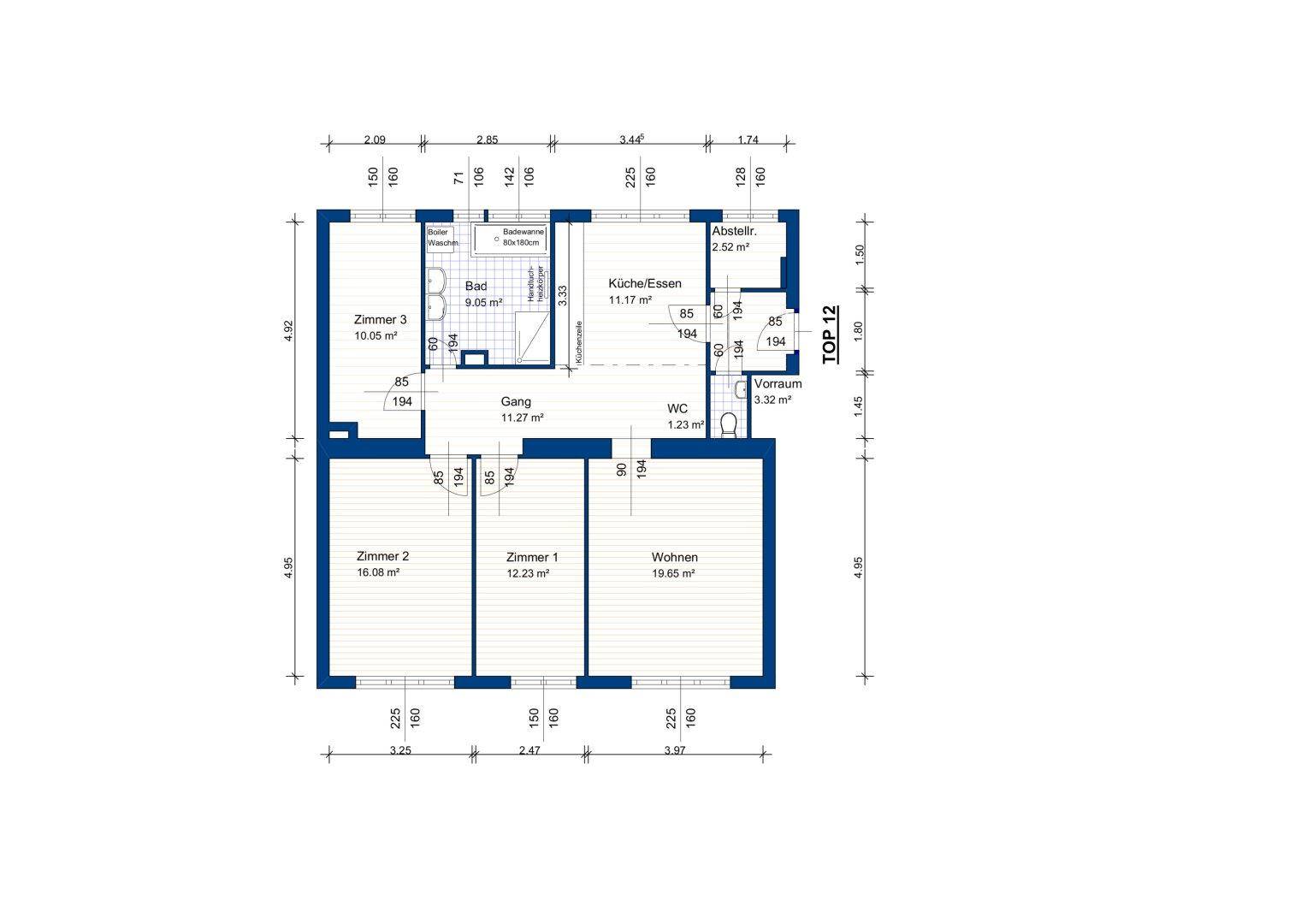 Detaillierter Grundriss der Wohnung mit drei Zimmern, Wohnbereich und separater Küche.
