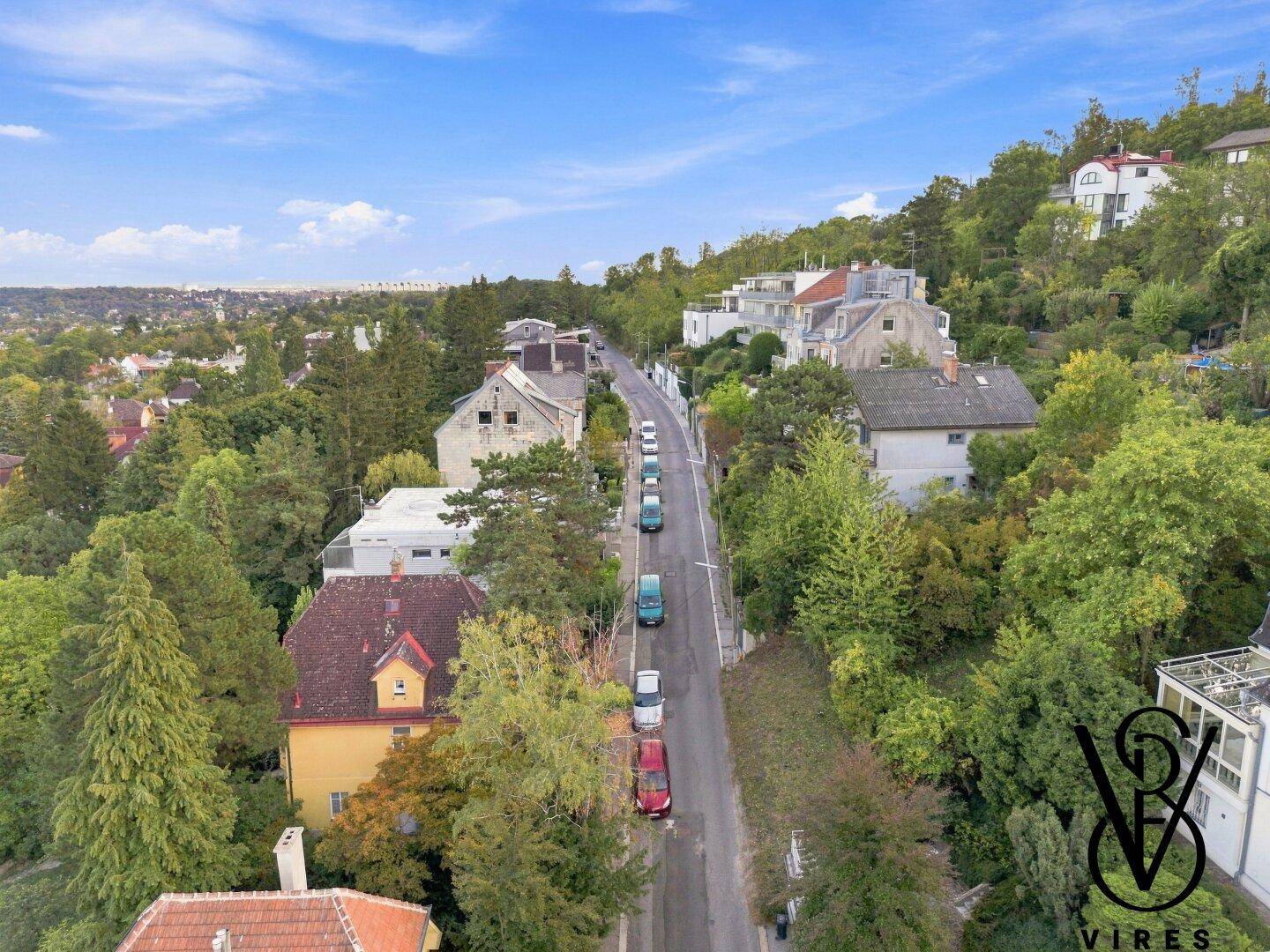 Luftaufnahme einer Wohnstraße mit Häusern und üppiger grüner Vegetation in hügeliger Landschaft.