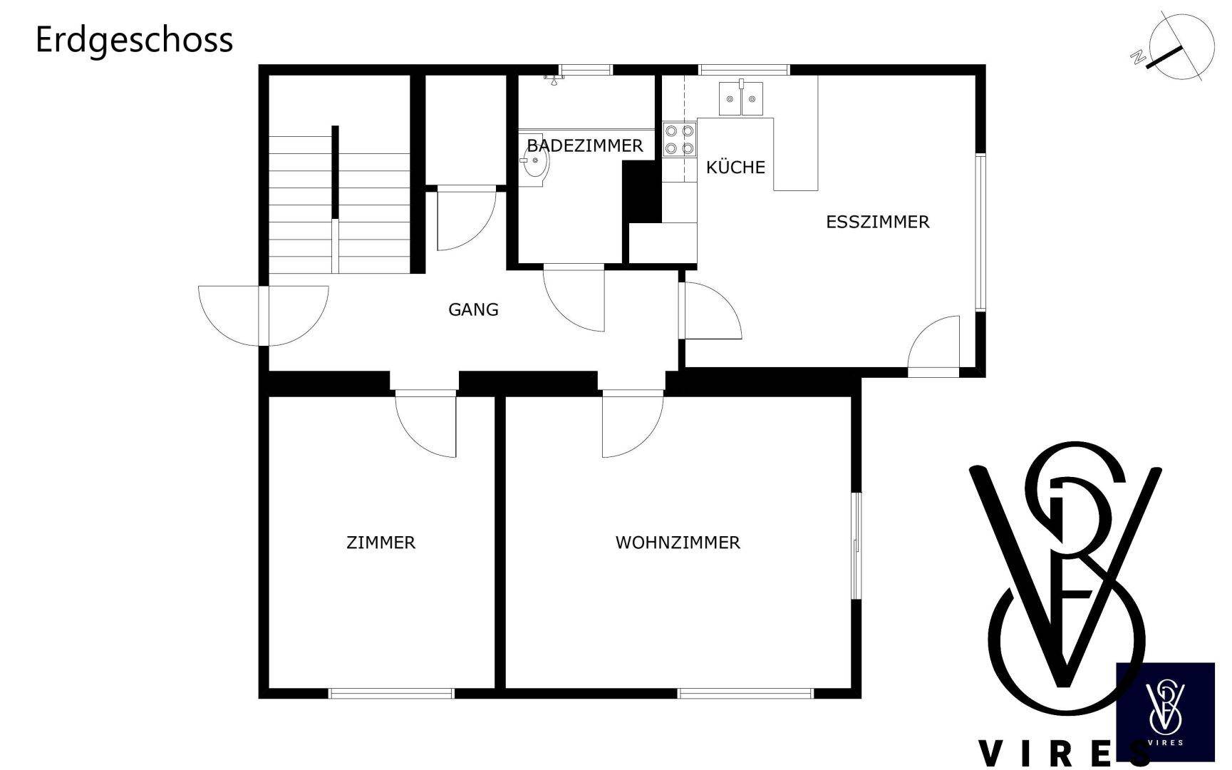 Grundriss des Erdgeschosses mit Küche, Esszimmer, Wohnzimmer und Bad.