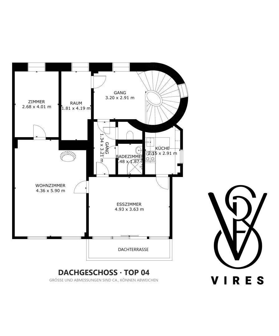 Grundriss des Dachgeschosses mit mehreren Zimmern, Badezimmer, Küche und einer großzügigen Dachterrasse.