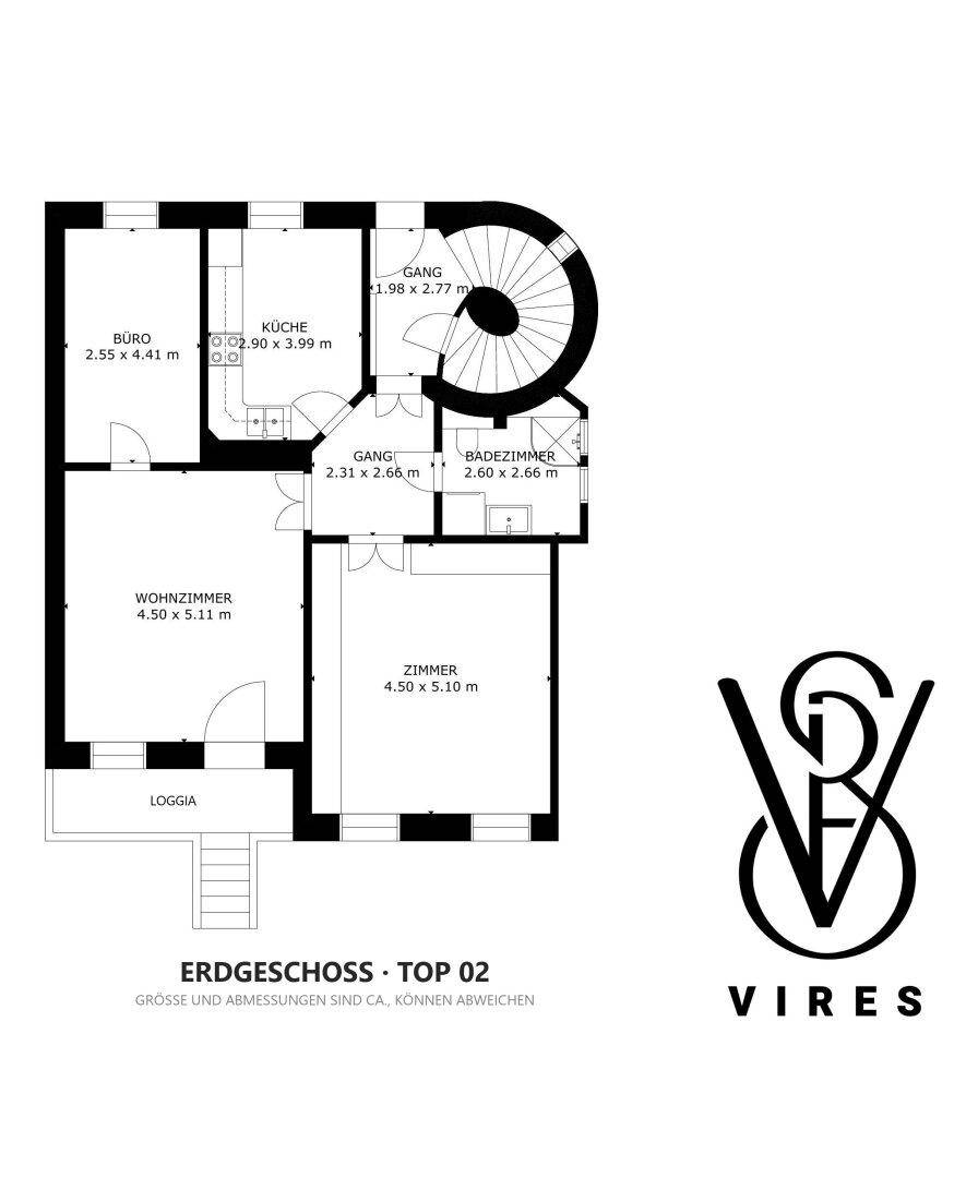 Grundriss des Erdgeschosses mit Büro, Küche, Badezimmer, Wohnzimmer und einer Loggia.