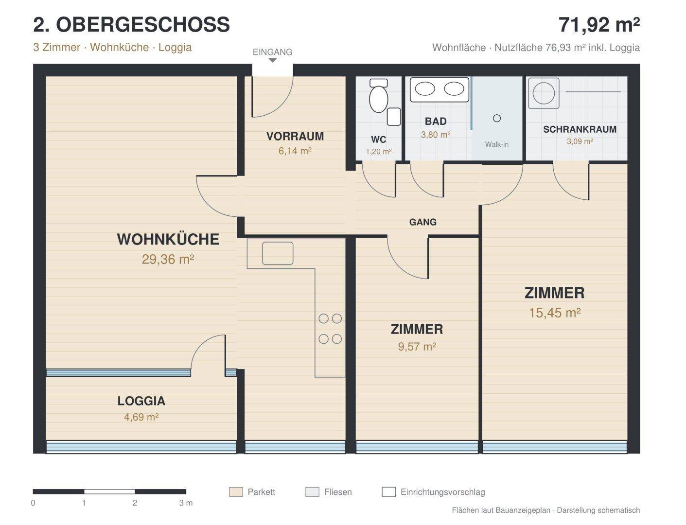 Grundriss der Wohnung im zweiten Obergeschoss mit drei Zimmern, Wohnküche und Loggia.