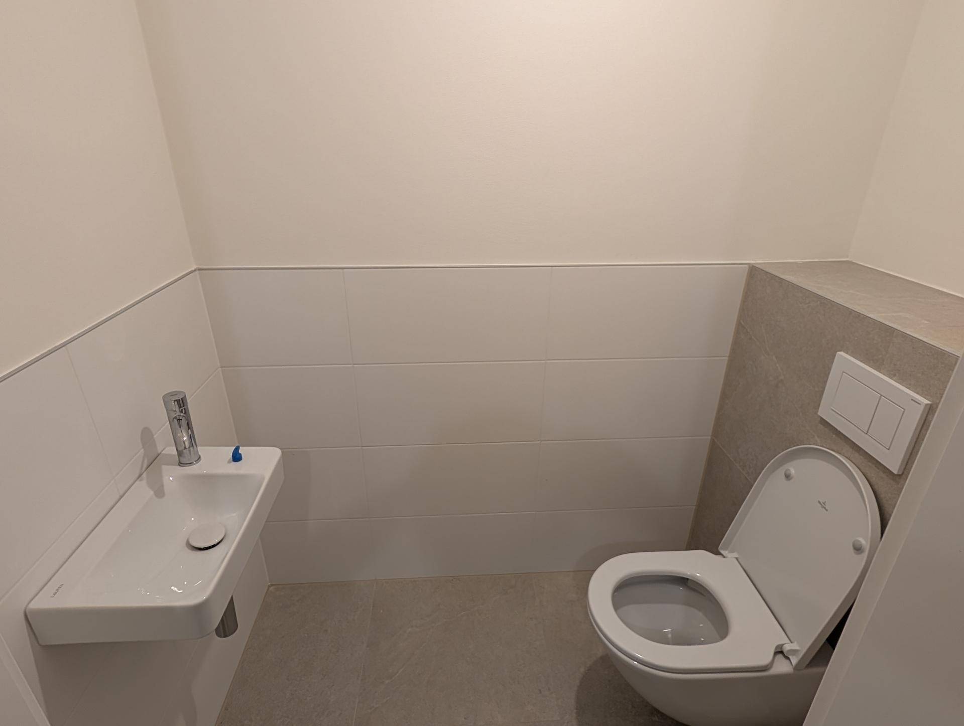 Kleines Gäste-WC mit modernem Wand-WC und kompaktem Waschbecken.