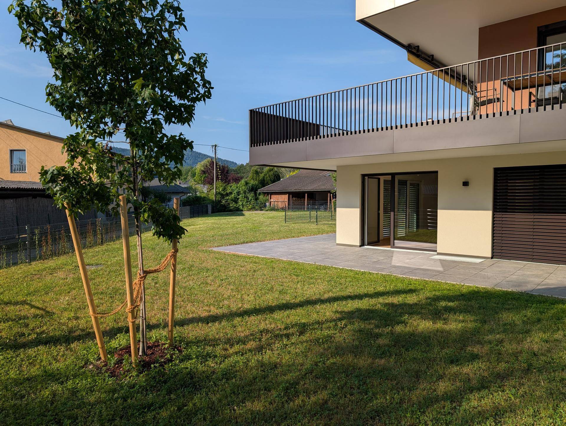 Außenbereich des Neubaus mit einer gepflasterten Terrasse, Rasen und einem jungen Baum.