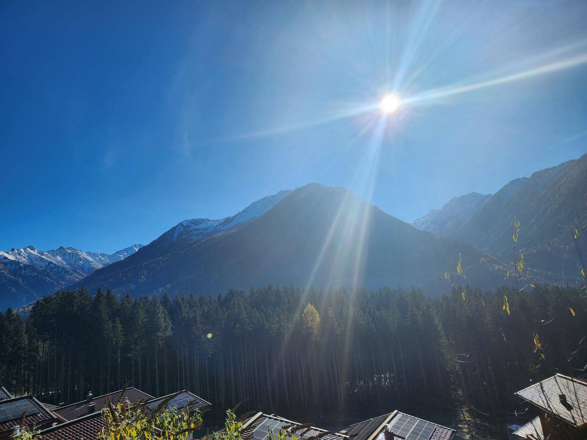 Sonniger Panoramablick auf die schneebedeckten Berge und Wälder.