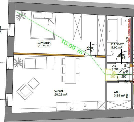 Technischer Grundriss einer Wohnung mit Schlafzimmer, offenem Wohnbereich und Badezimmer.