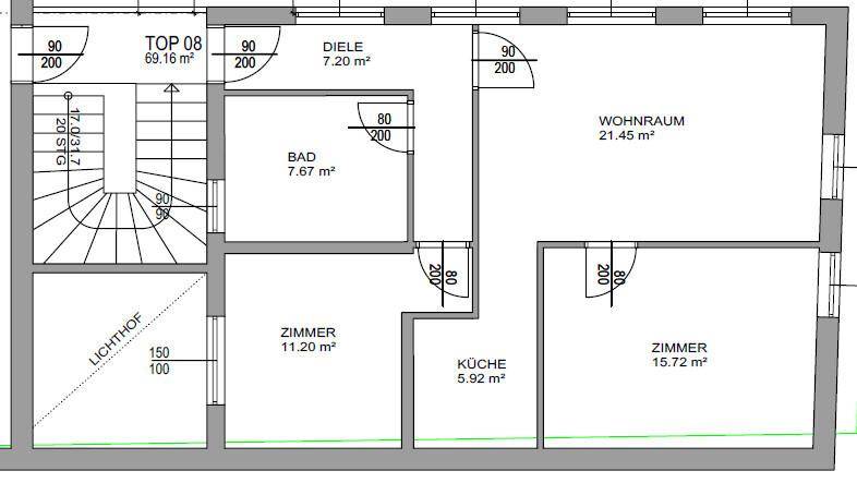 Grundriss der Wohnung TOP 08 mit Wohnraum, Zimmern, Küche und Bad.