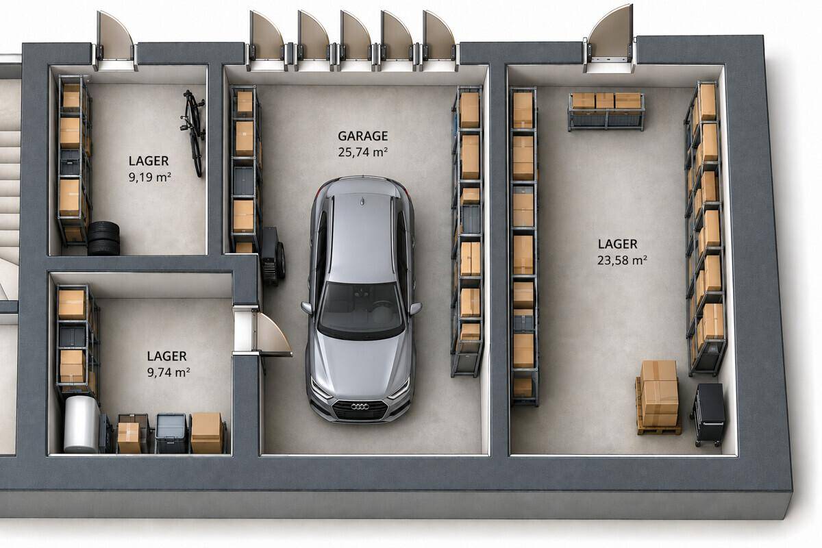 3D-Grundriss einer Tiefgarage mit Stellplatz und mehreren angrenzenden Lagerbereichen.