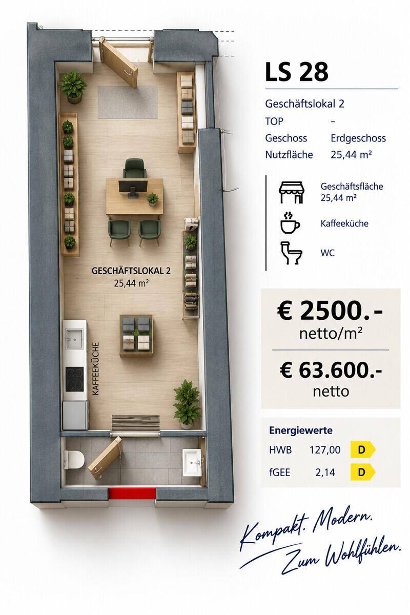 Grundriss eines kompakten Geschäftslokals mit offenem Layout, integrierter Kaffeeküche und separatem WC.