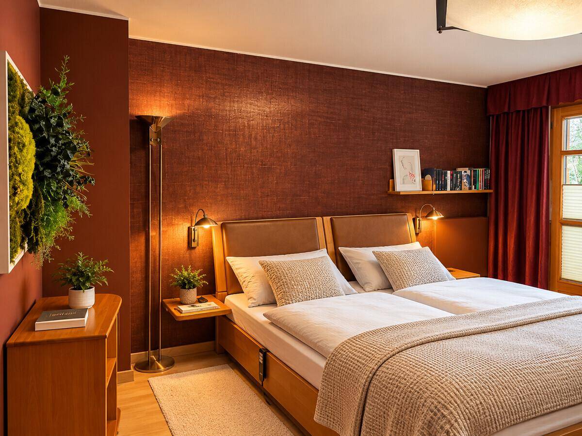 Gemütliches Schlafzimmer mit Doppelbett, dunkler Wandgestaltung und Holzboden.