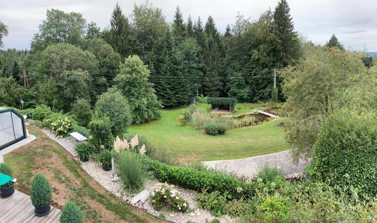 Panoramablick auf den weitläufigen Garten mit Teich, umgeben von dichtem Wald.