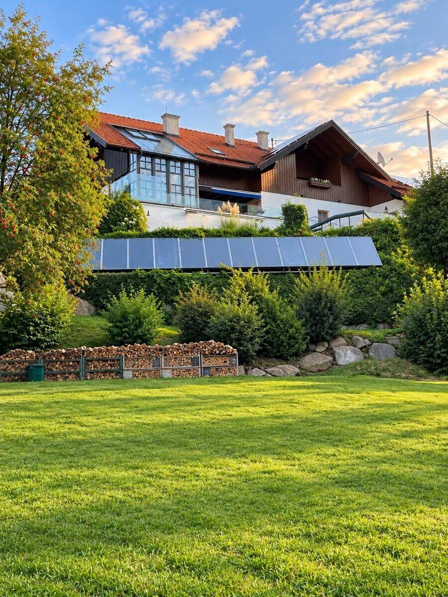 Hausfassade mit Solaranlage auf dem Hang und gepflegtem Rasen im Vordergrund.