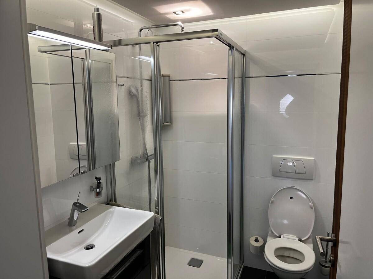 Modernes Badezimmer mit Duschkabine, wandhängendem WC und Spiegelschrank.