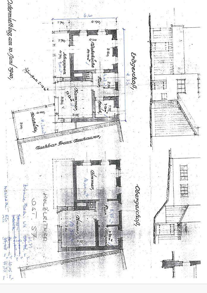 Historischer Grundrissplan eines Hauses mit Erd- und Obergeschoss, inklusive Wohnküche und mehreren Zimmern.