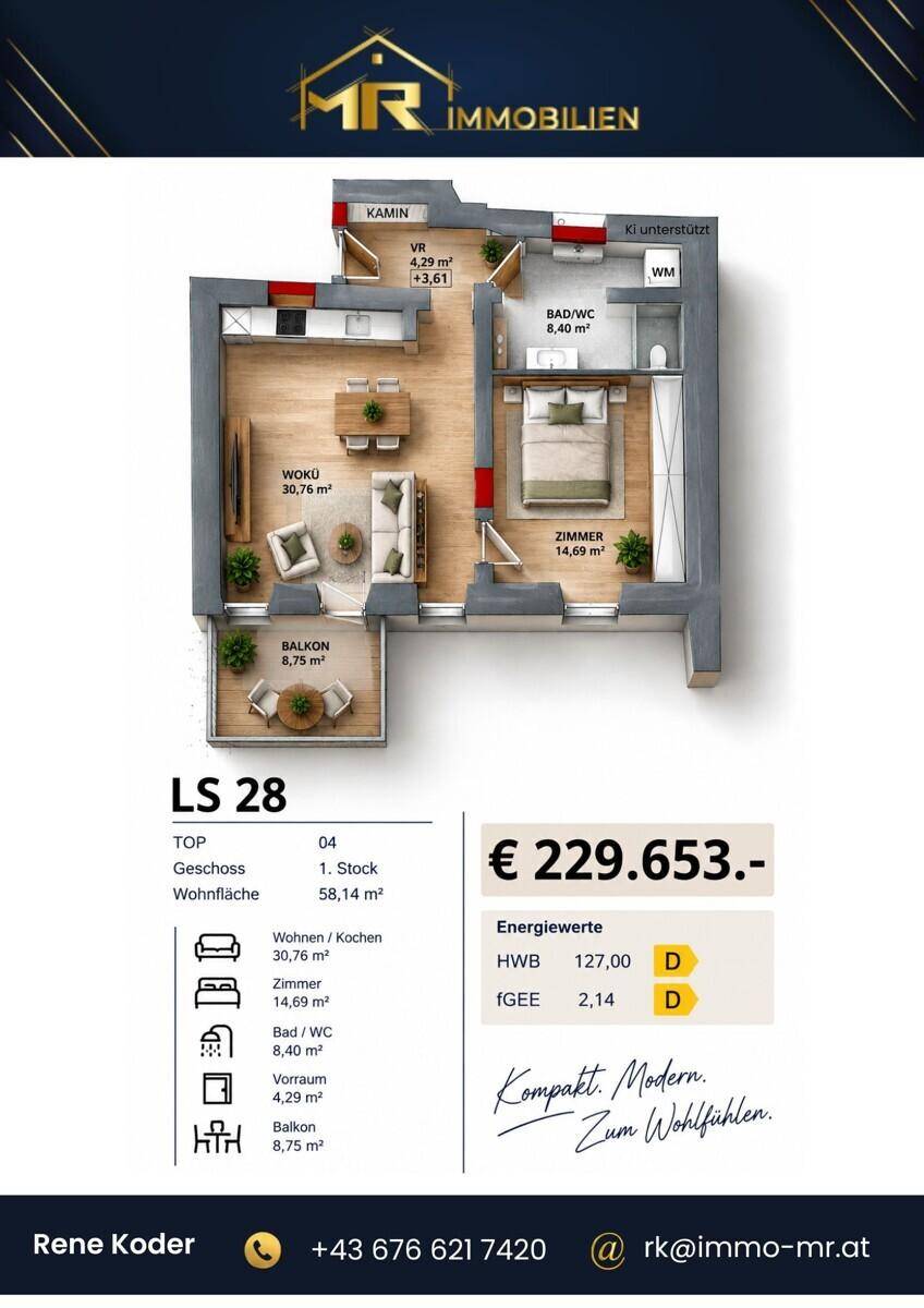 Detaillierter Grundriss einer modernen Wohnung mit offenem Wohn-/Kochbereich, Schlafzimmer, Bad und Balkon.