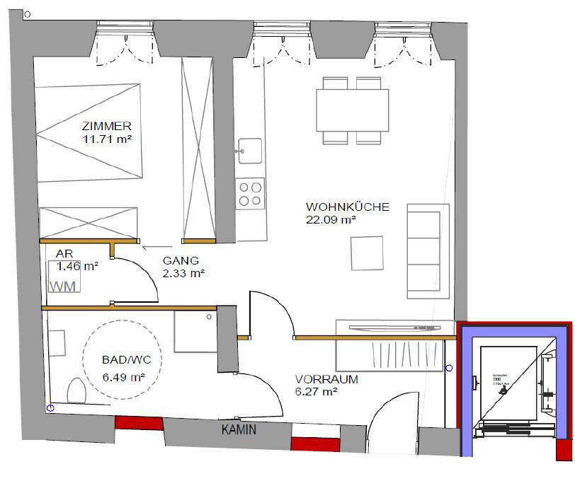 Grundriss einer Wohnung mit Wohnküche, Zimmer, Bad/WC, Abstellraum und Vorraum.