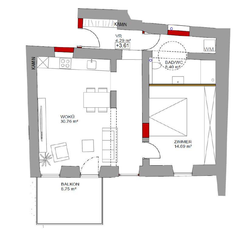 Grundriss einer Wohnung mit Wohnküche, Zimmer, Bad/WC, Vorraum und Balkon.